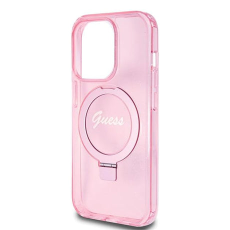 Husa de protectie Guess Ring Stand Script Glitter MagSafe (GUHMP15LHRSGSP) compatibil cu iPhone 15 Pro, Roz
