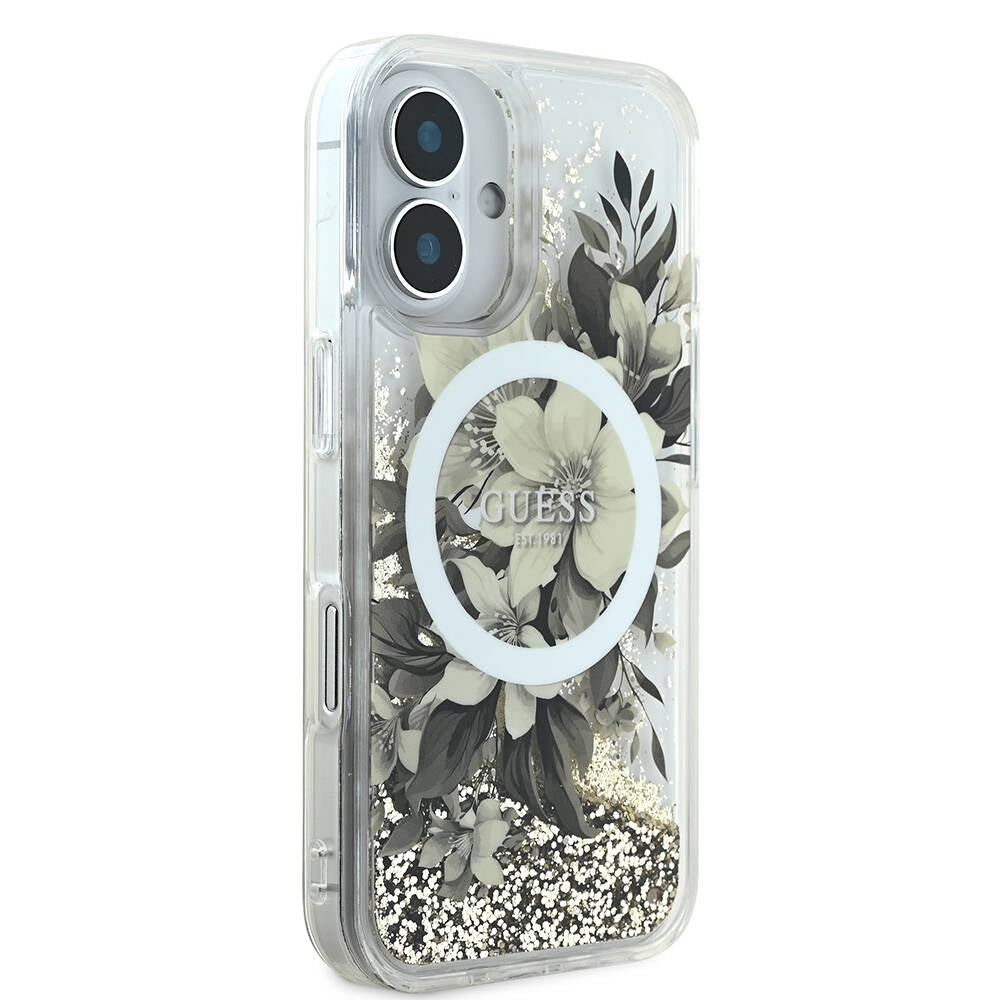 Husa de protectie Guess Liquid Glitter Flower MagSafe (GUHMP16SLFMWTE) compatibil cu iPhone 16, Bej