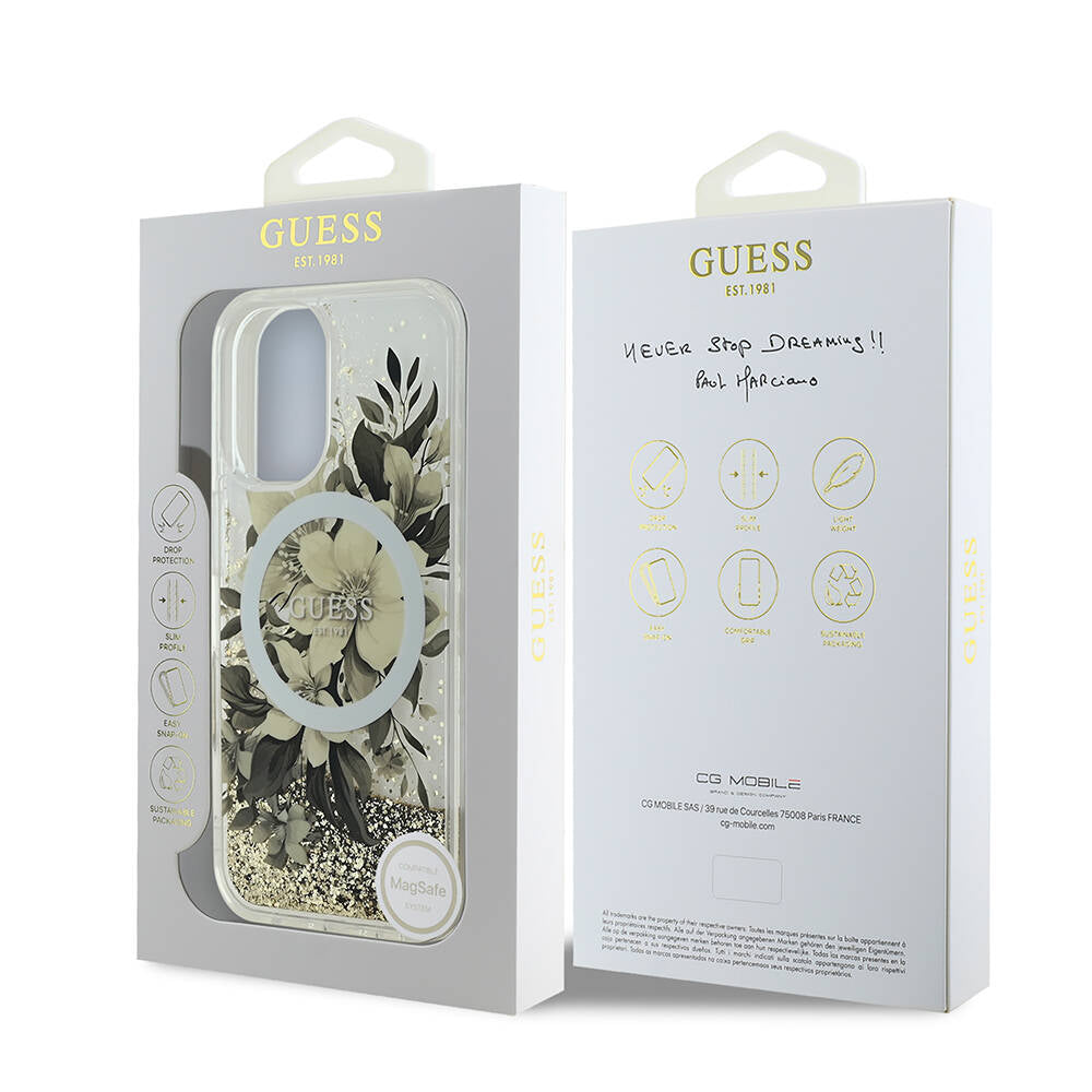 Husa de protectie Guess Liquid Glitter Flower MagSafe (GUHMP16SLFMWTE) compatibil cu iPhone 16, Bej