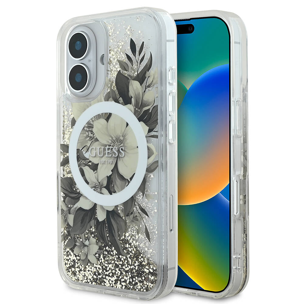 Husa de protectie Guess Liquid Glitter Flower MagSafe (GUHMP16SLFMWTE) compatibil cu iPhone 16, Bej
