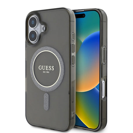 Husa de protectie Guess IML Glitter Circle MagSafe (GUHMP16SHFGEREK) compatibil cu iPhone 16, Negru