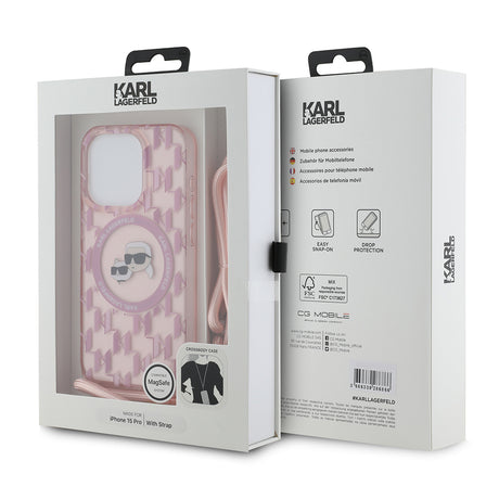 Husa de protectie Karl Lagerfeld IML Crossbody MagSafe (KLHMP15LHCKCKLCP) compatibil cu iPhone 15 Pro, Roz Monogram Karl&Choupette Head