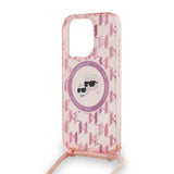 Husa de protectie Karl Lagerfeld IML Crossbody MagSafe (KLHMP15LHCKCKLCP) compatibil cu iPhone 15 Pro, Roz Monogram Karl&Choupette Head