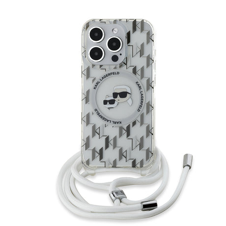 Husa de protectie Karl Lagerfeld IML Crossbody MagSafe (KLHMP15LHCKCKLCT) compatibil cu iPhone 15 Pro, Transparent Monogram Karl&Choupette Head