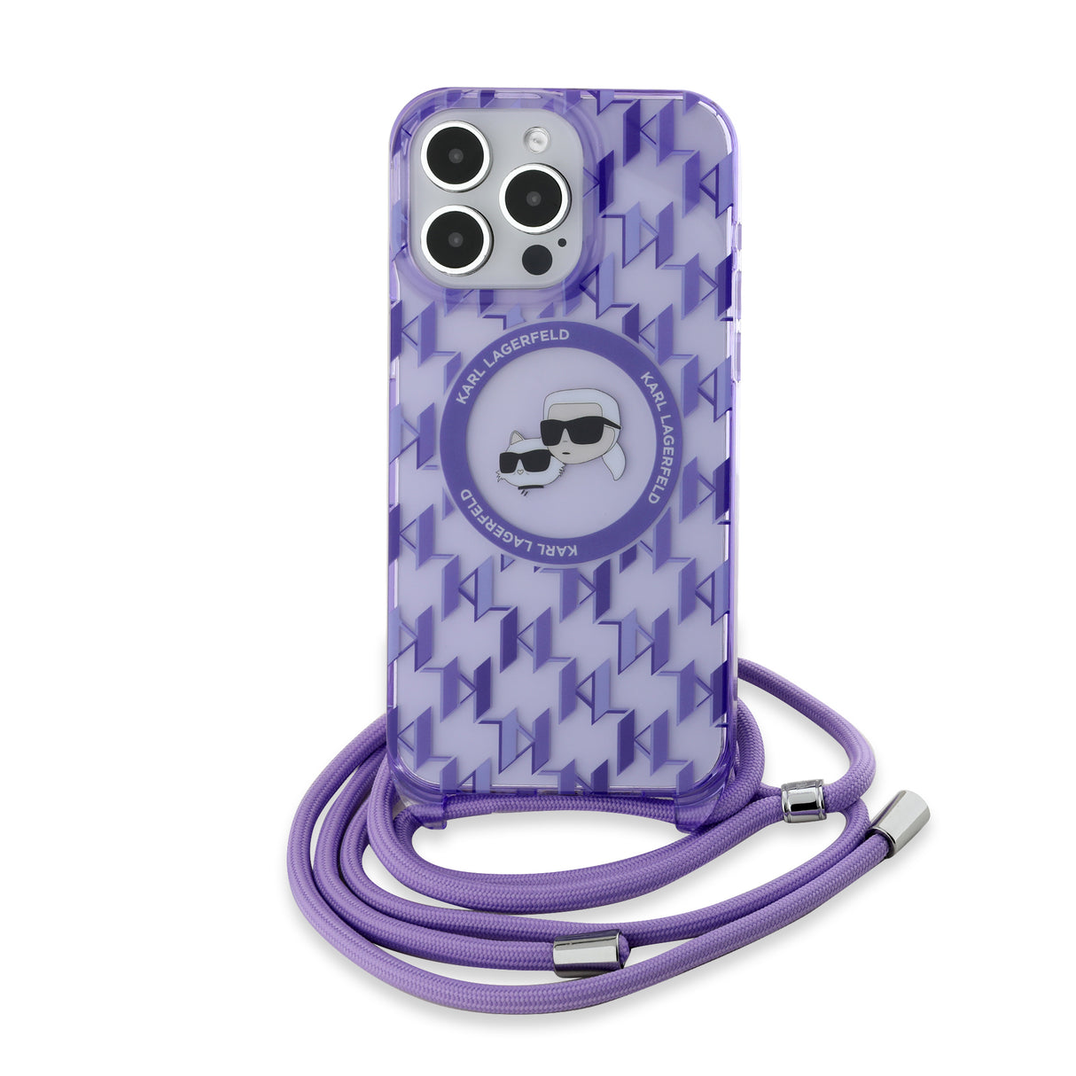 Husa de protectie Karl Lagerfeld IML Crossbody MagSafe (KLHMP15LHCKCKLCU) compatibil cu iPhone 15 Pro, Mov Monogram Karl&Choupette Head