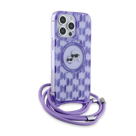 Husa de protectie Karl Lagerfeld IML Crossbody MagSafe (KLHMP15LHCKCKLCU) compatibil cu iPhone 15 Pro, Mov Monogram Karl&Choupette Head