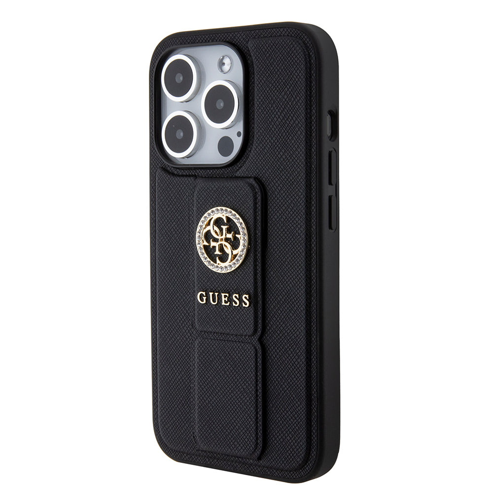 Husa de protectie Guess Grip Stand 4G Saffiano Strass compatibil cu iPhone 15 Pro Max (GUHCP15XPGSSADK), Negru