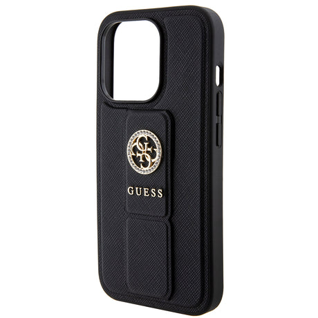 Husa de protectie Guess Grip Stand 4G Saffiano Strass compatibil cu iPhone 15 Pro Max (GUHCP15XPGSSADK), Negru