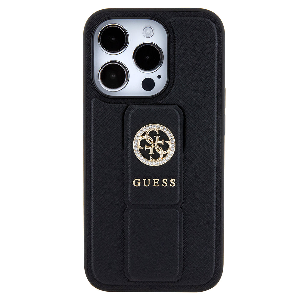 Husa de protectie Guess Grip Stand 4G Saffiano Strass compatibil cu iPhone 15 Pro Max (GUHCP15XPGSSADK), Negru