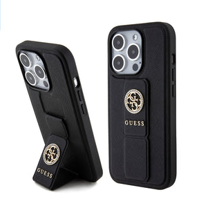 Husa de protectie Guess Grip Stand 4G Saffiano Strass compatibil cu iPhone 15 Pro Max (GUHCP15XPGSSADK), Negru
