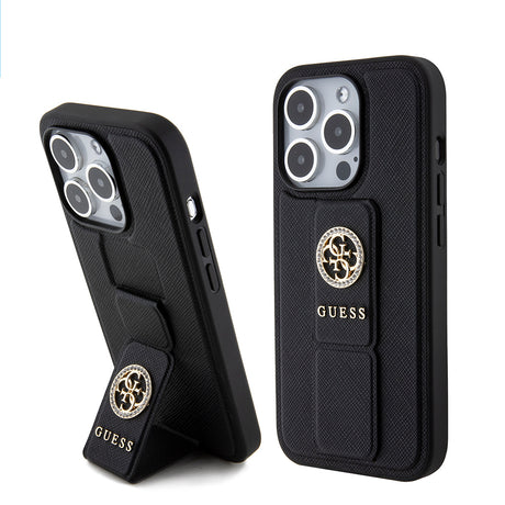 Husa de protectie Guess Grip Stand 4G Saffiano Strass compatibil cu iPhone 15 Pro Max (GUHCP15XPGSSADK), Negru