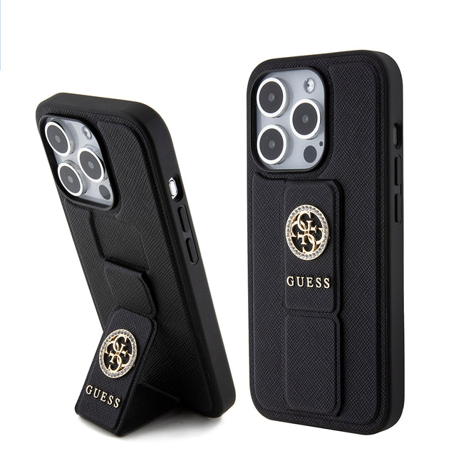 Husa de protectie Guess Grip Stand 4G Saffiano Strass compatibil cu iPhone 15 Pro Max (GUHCP15XPGSSADK), Negru