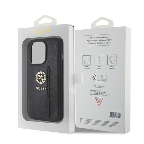 Husa de protectie Guess Grip Stand 4G Saffiano Strass compatibil cu iPhone 15 Pro Max (GUHCP15XPGSSADK), Negru