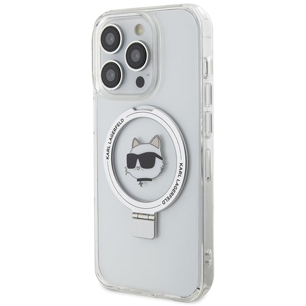 Husa de protectie Karl Lagerfeld Hardcase Ring Stand MagSafe (KLHMP15XHMRSCHH) compatibil cu iPhone 15 Pro Max, Alb Choupette Head