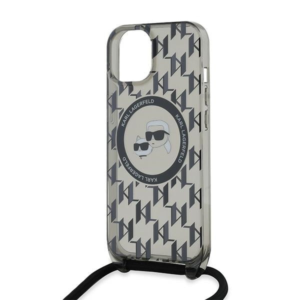 Husa de protectie Karl Lagerfeld IML Crossbody MagSafe (KLHMP15SHCKCKLCK) compatibil cu iPhone 15, Monogram Karl&Choupette Head