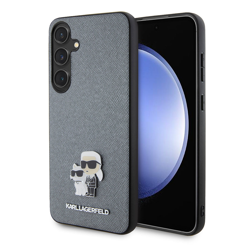 Husa de protectie Karl Lagerfeld Saffiano (KLHCS24MPSAKCMPG) compatibil cu Samsung Galaxy S24 Plus, Gri Karl&Choupette Metal Pin