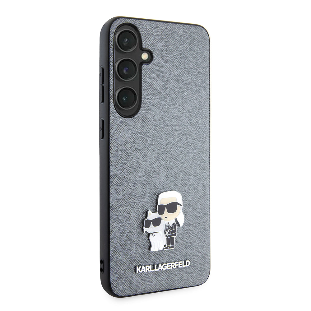 Husa de protectie Karl Lagerfeld Saffiano (KLHCS24MPSAKCMPG) compatibil cu Samsung Galaxy S24 Plus, Gri Karl&Choupette Metal Pin