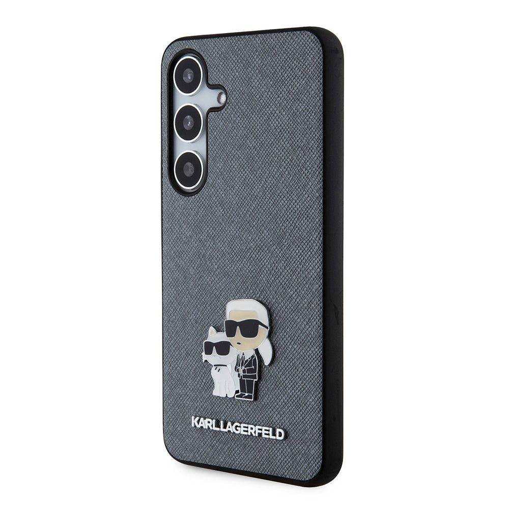 Husa de protectie Karl Lagerfeld Saffiano (KLHCS24SPSAKCMPG) compatibil cu Samsung Galaxy S24, Gri Karl&Choupette Metal Pin