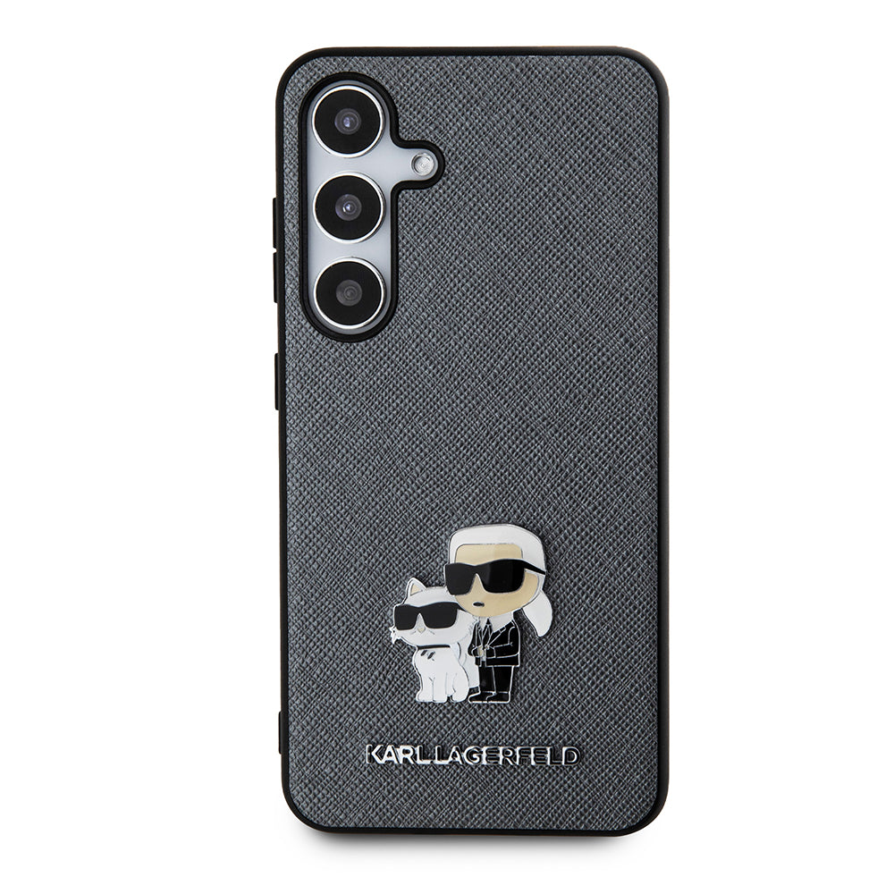 Husa de protectie Karl Lagerfeld Saffiano (KLHCS24SPSAKCMPG) compatibil cu Samsung Galaxy S24, Gri Karl&Choupette Metal Pin