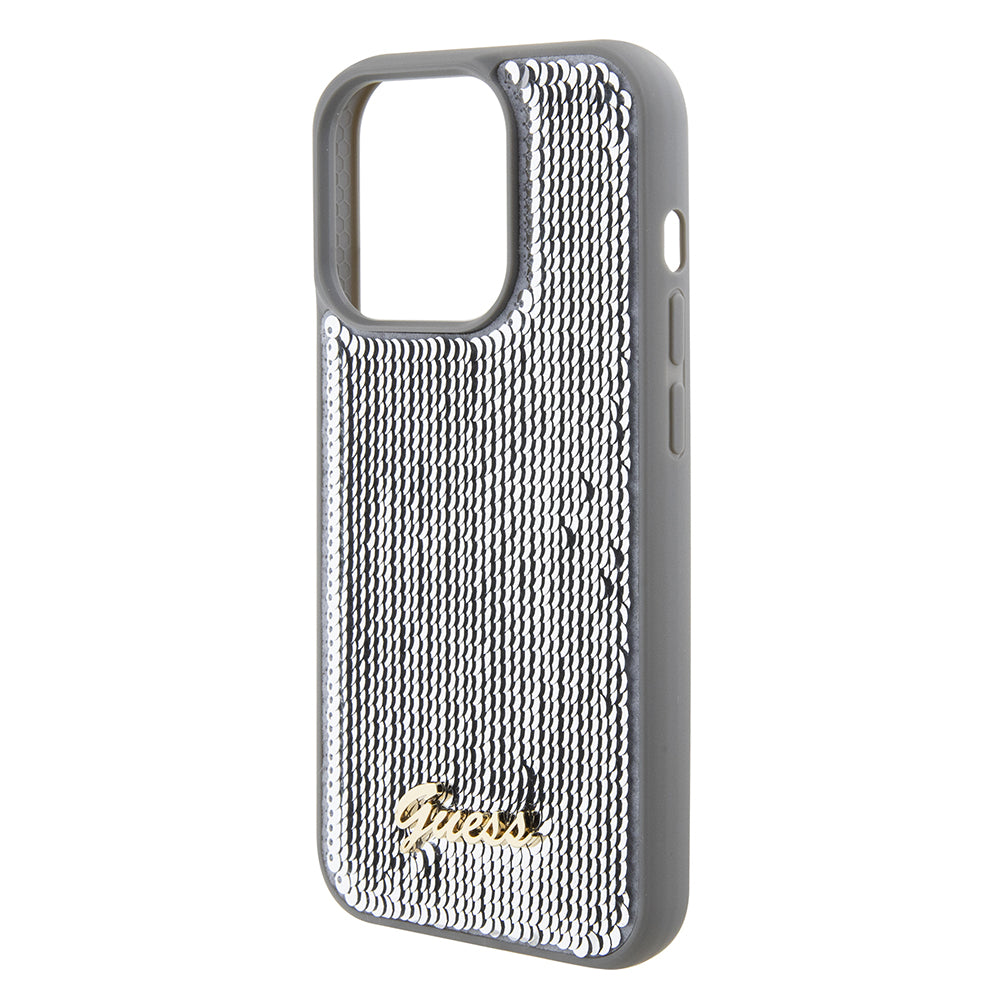 Husa de protectie Guess Sequin Script Metal (GUHCP15XPSFDGSS) compatibil cu iPhone 15 Pro Max, Argintiu