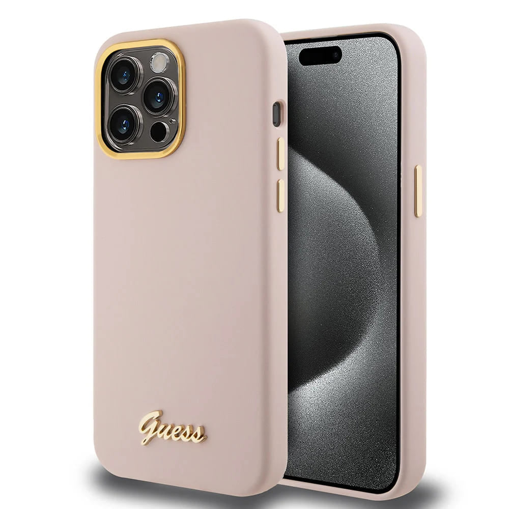 Husa de protectie Guess Silicone Script Metal Logo & Frame (GUHCP15LSMBSLP) compatibil cu iPhone 15 Pro, Roz Deschis