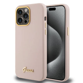 Husa de protectie Guess Silicone Script Metal Logo & Frame (GUHCP15LSMBSLP) compatibil cu iPhone 15 Pro, Roz Deschis