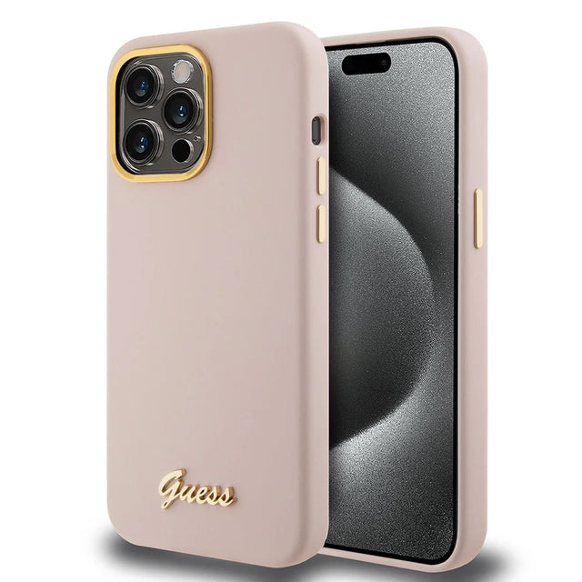Husa de protectie Guess Silicone Script Metal Logo & Frame (GUHCP15LSMBSLP) compatibil cu iPhone 15 Pro, Roz Deschis