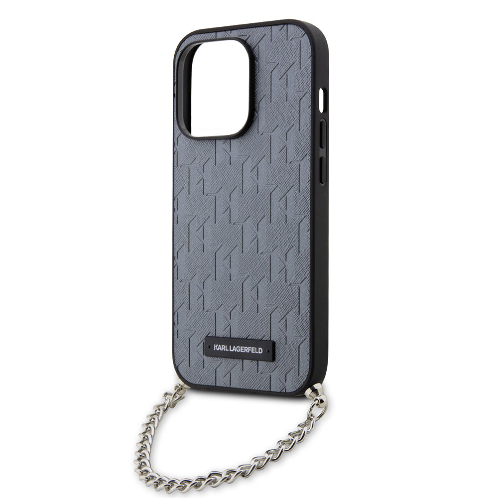 Husa de protectie Karl Lagerfeld Saffiano Monogram Chain (KLHCP14LSACKLHPG) compatibil cu iPhone 14 Pro, Argintiu