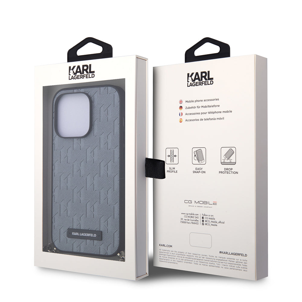 Husa de protectie Karl Lagerfeld Saffiano Monogram Chain (KLHCP14LSACKLHPG) compatibil cu iPhone 14 Pro, Argintiu