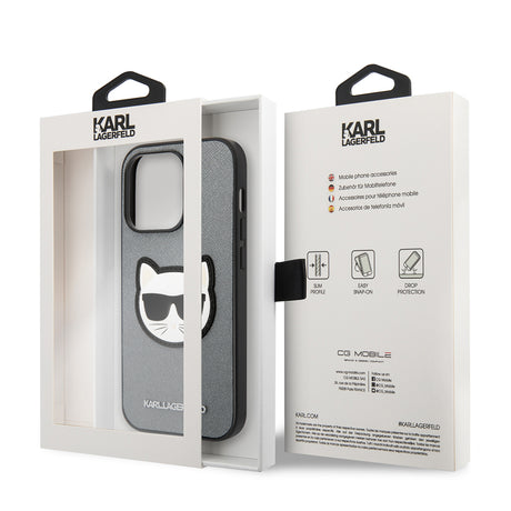 Husa de protectie Karl Lagerfeld Saffiano (KLHCP14LSAPCHG) compatibil cu iPhone 14 Pro, Argintiu Choupette Head