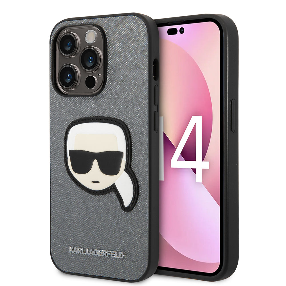 Husa de protectie Karl Lagerfeld Saffiano (KLHCP14LSAPKHG) compatibil cu iPhone 14 Pro, Argintiu Karl`S Head