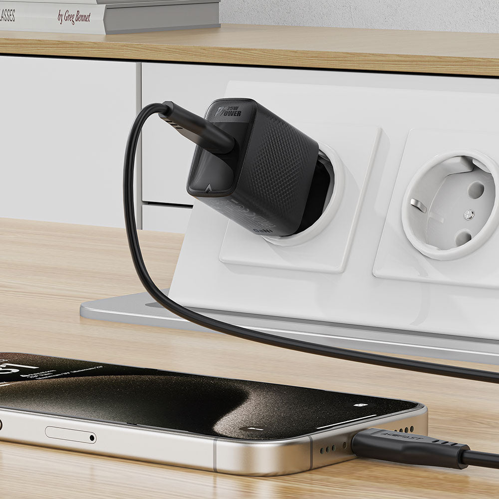 Incarcator Acefast (A104), USB-C, PD25W, GaN Technology, Fast Charging Compatibility, Negru