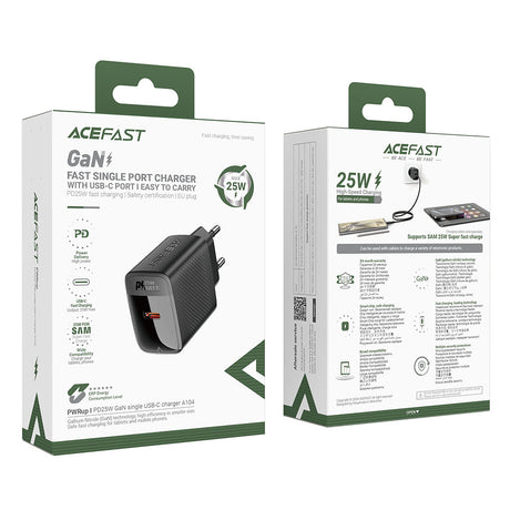 Incarcator Acefast (A104), USB-C, PD25W, GaN Technology, Fast Charging Compatibility, Negru
