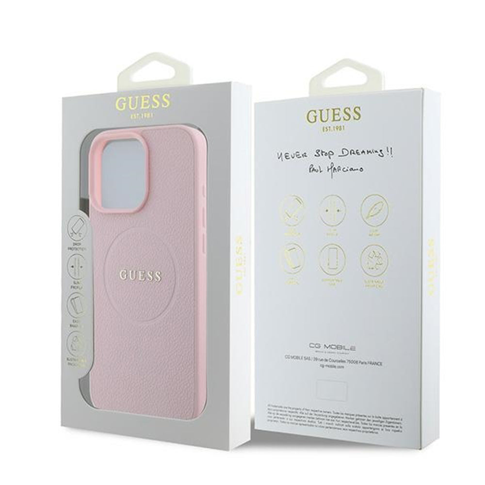 Husa de protectie Guess Grained Gold Ring MagSafe (GUHMP15XPGHSMMP) compatibil cu iPhone 15 Pro Max, Roz