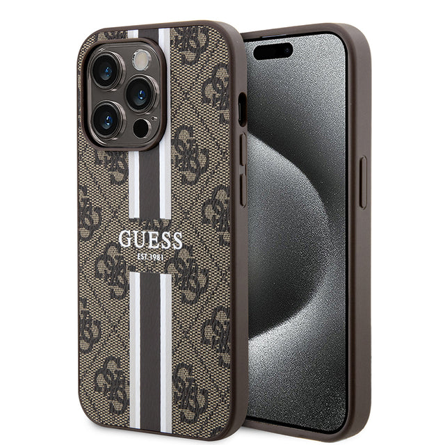 Husa de protectie Guess Hardcase 4G Printed Stripes MagSafe (GUHMP15LP4RPSW) compatibil cu iPhone 15 Pro, Maro