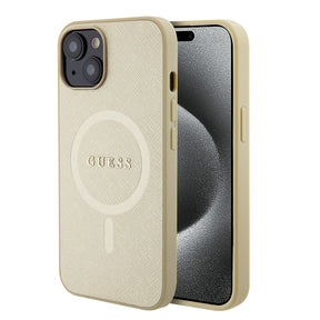 Husa de protectie Guess Saffiano MagSafe (GUHMP15MPSAHMCB) compatibil cu iPhone 15 Plus, Auriu