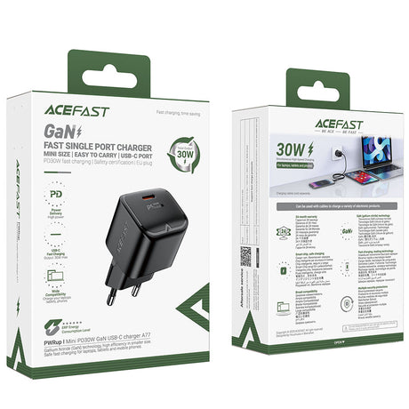 Incarcator Acefast (A77), Type-C, Mini GaN Charger, 30W, Power Delivery, Negru