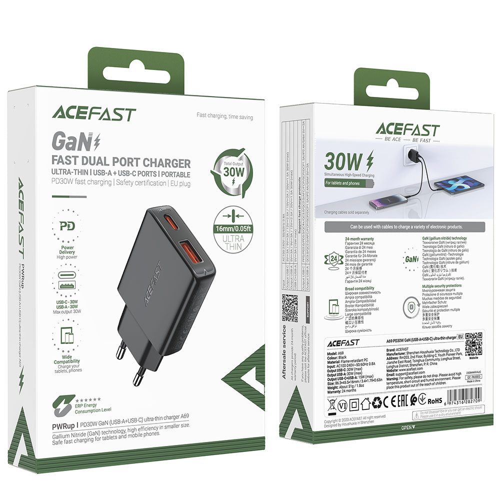 Incarcator Acefast (A69), Type-C / USB, PD30W, GaN, Negru