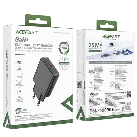 Incarcator Acefast (A65), Type-C, GaN Technology, 20W, Power Delivery, Negru