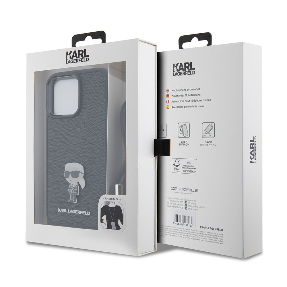 Husa de protectie Karl Lagerfeld Saffiano Crossbody (KLHCP15XSASKNPSK) compatibil cu iPhone 15 Pro Max, Monogram Metal Pin Karl