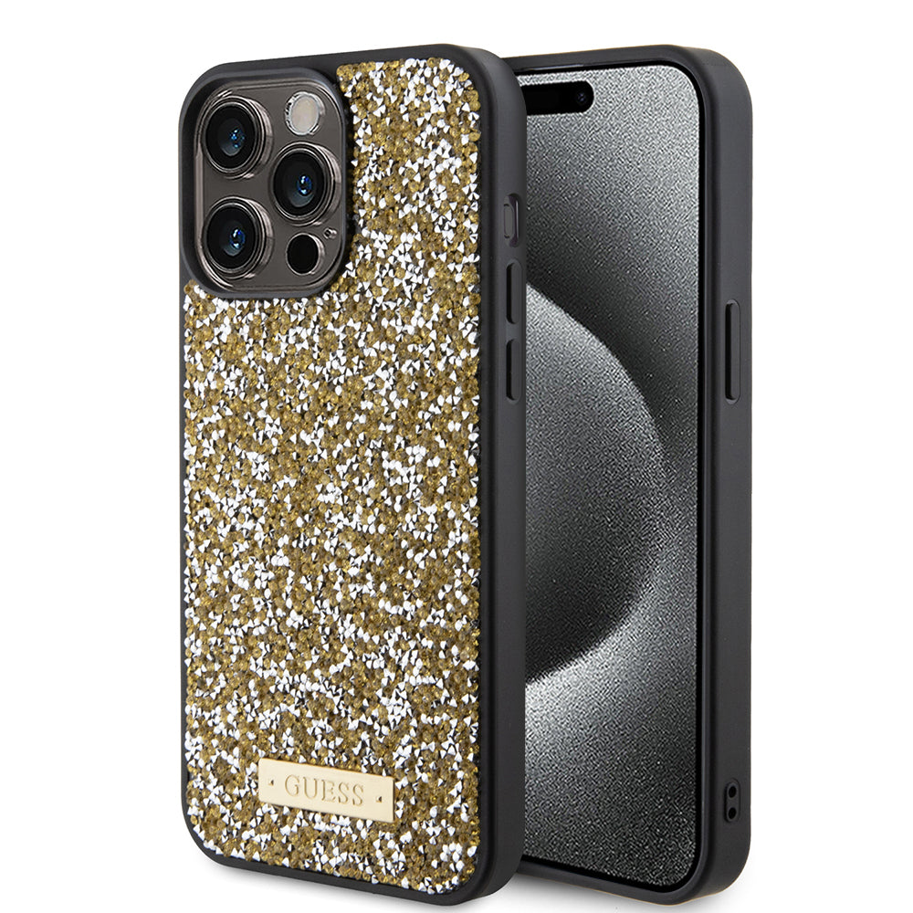 Husa de protectie Guess Rhinestone Metal Logo (GUHCP15XPFGSBSD) compatibil cu iPhone 15 Pro Max, Galben