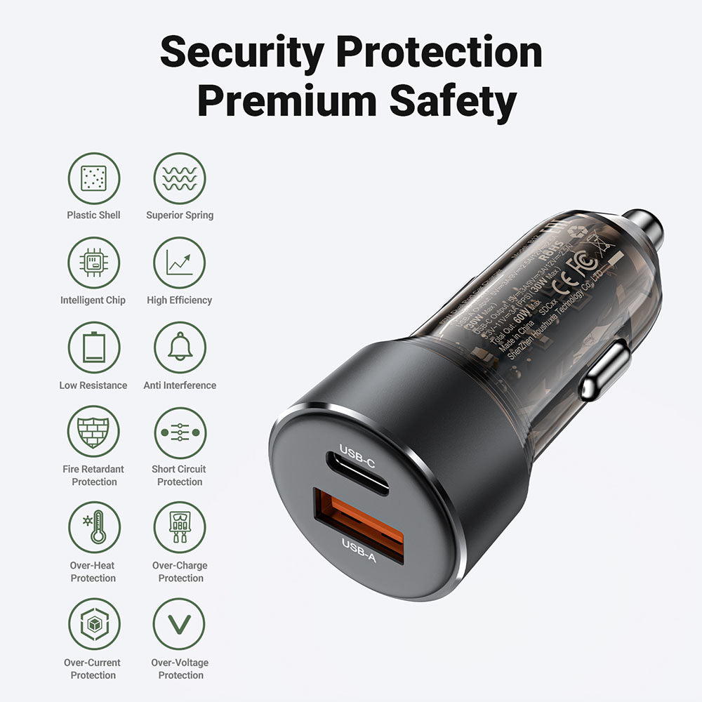 Incarcator Acefast Car (B12), Dual-port, Type-C, USB, Dual Fast Charging, 60W, Negru