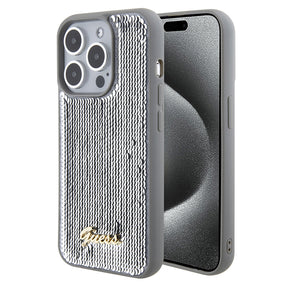 Husa de protectie Guess Sequin Script Metal (GUHCP15XPSFDGSS) compatibil cu iPhone 15 Pro Max, Argintiu