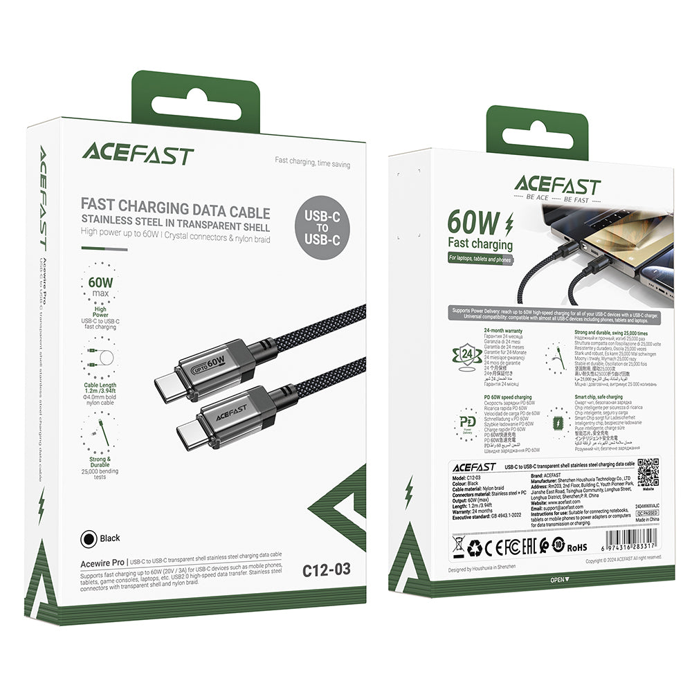 Cablu Acefast (C12-03), Type-C to Type-C, 60W, High-Speed Charging, 1.2m, Negru