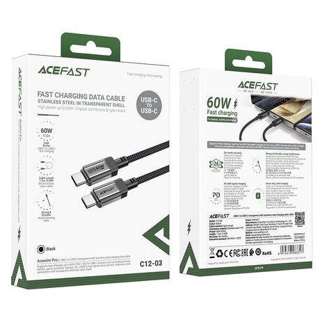 Cablu Acefast (C12-03), Type-C to Type-C, 60W, High-Speed Charging, 1.2m, Negru