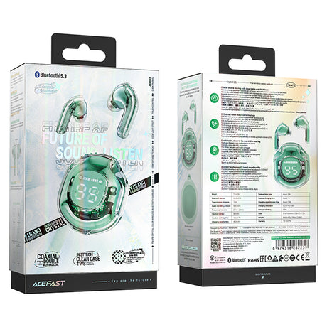 Casti Acefast (T8), USB-C, IPX4, Bluetooth 5.3, AI Call Noise Reduction, Digital Display, 480mAh, Verde Menta
