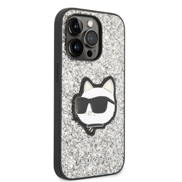 Husa de protectie Karl Lagerfeld Hardcase Glitter (KLHCP14XG2CPS) compatibil cu iPhone 14 Pro Max, Argintiu Choupette Patch