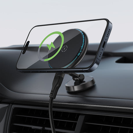 Suport Acefast with Wireless Charging (D30), for iPhone, Magnetic Grip, 360°, LED Light, for Dashboard, 15W, Negru