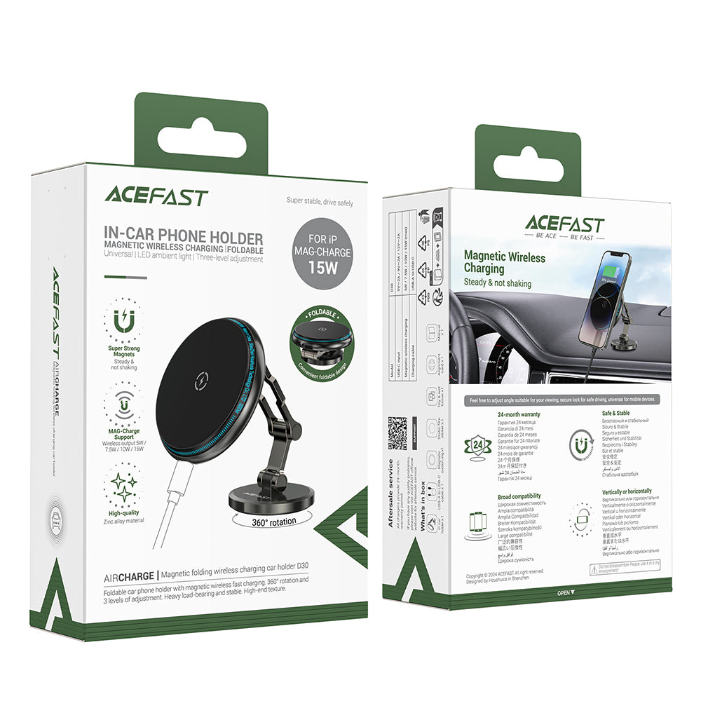 Suport Acefast with Wireless Charging (D30), for iPhone, Magnetic Grip, 360°, LED Light, for Dashboard, 15W, Negru