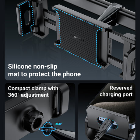 Suport Acefast (D8), for In-car Headrest, Adjustable, Folding Clamp Arm, for Devices 4.7-12.9, Negru
